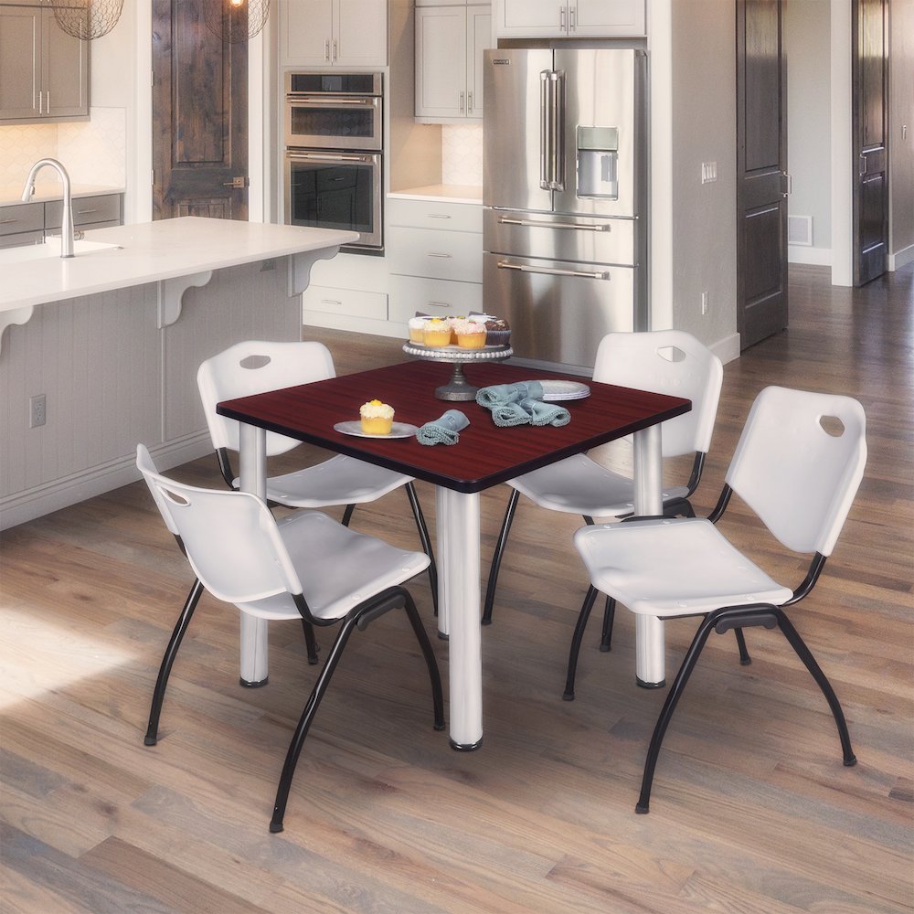 48 in Square Breakroom Table- Mahogany Top, Chrome Legs, 4 M Stack Chairs- Grey. Picture 7
