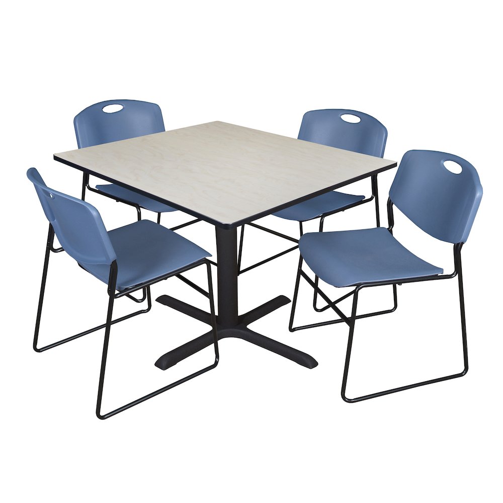 48 in. Square X-Base Breakroom Table- Maple & 4 Zeng Stack Chairs- Blue. Picture 1