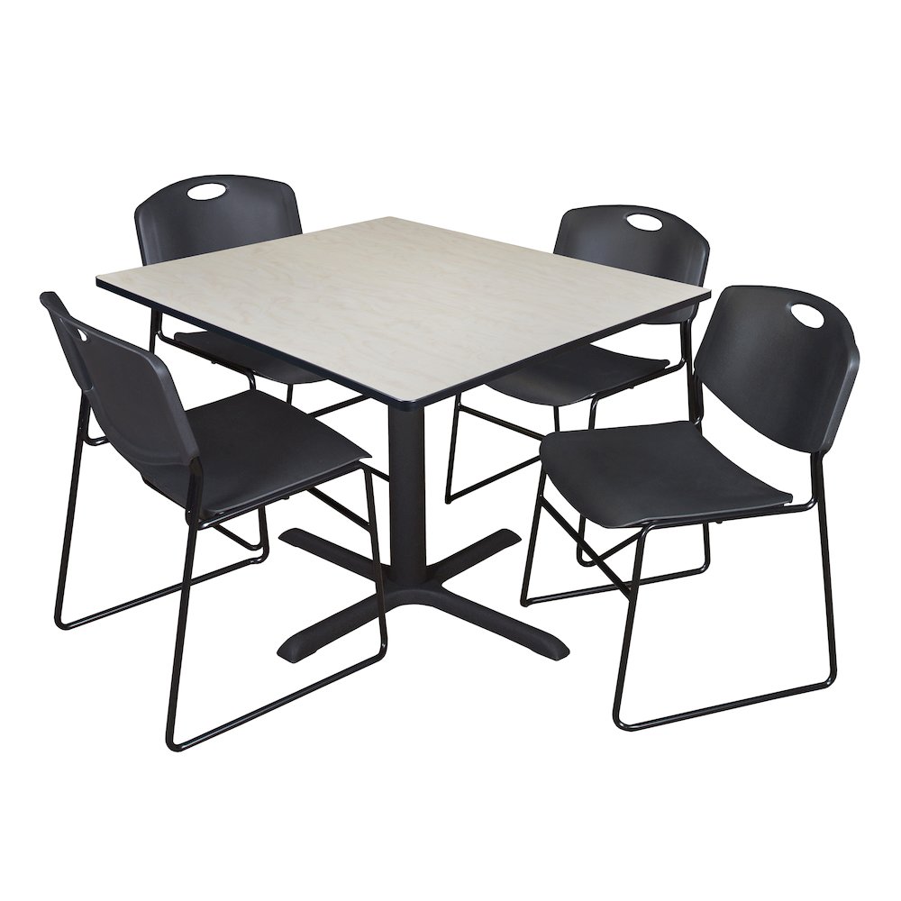 48 in. Square X-Base Breakroom Table- Maple & 4 Zeng Stack Chairs- Black. Picture 1