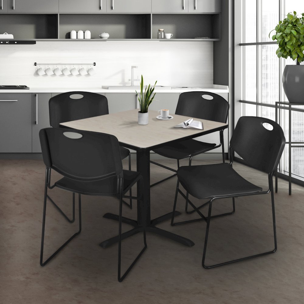 48 in. Square X-Base Breakroom Table- Maple & 4 Zeng Stack Chairs- Black. Picture 9