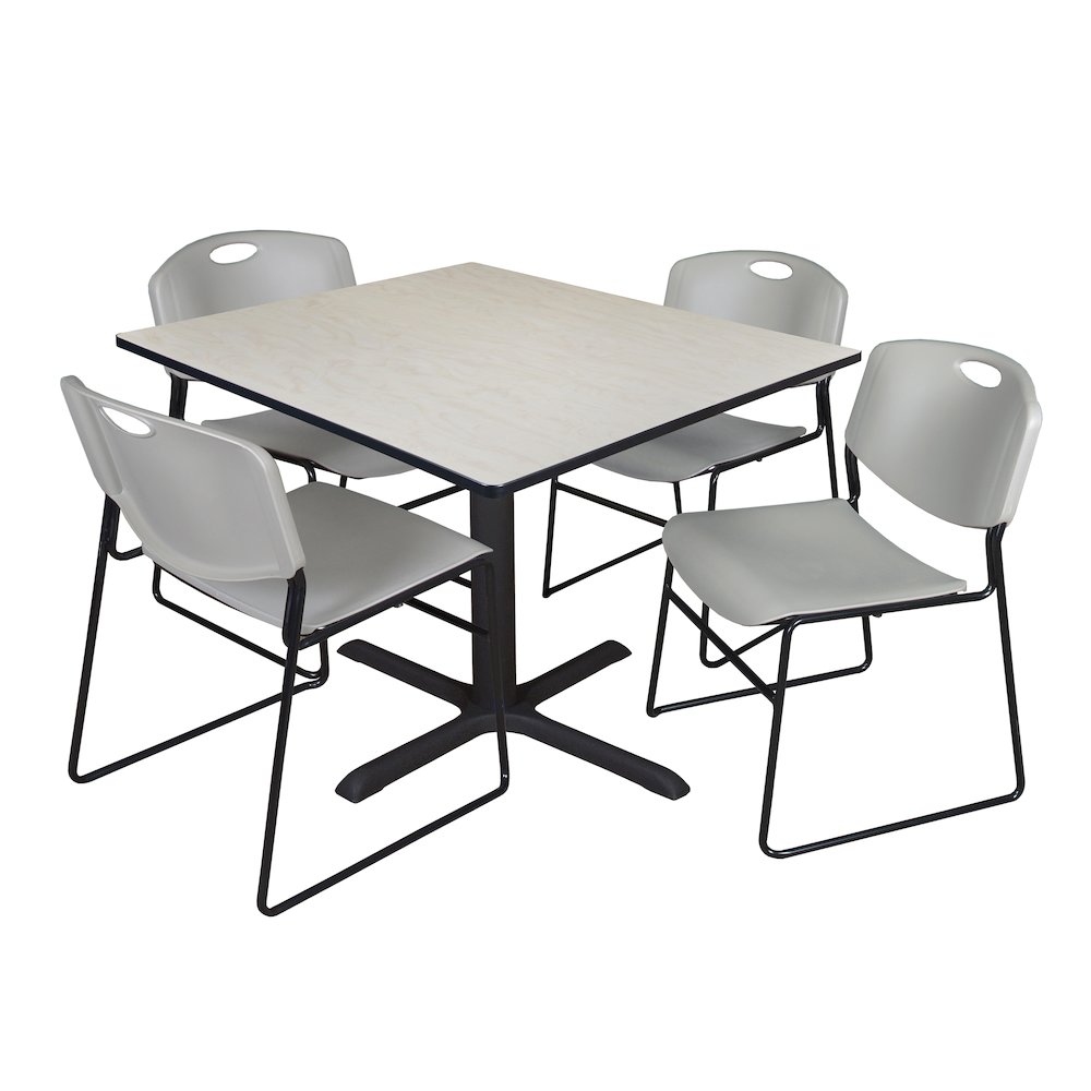 48 in. Square X-Base Breakroom Table- Maple & 4 Zeng Stack Chairs- Grey. Picture 1