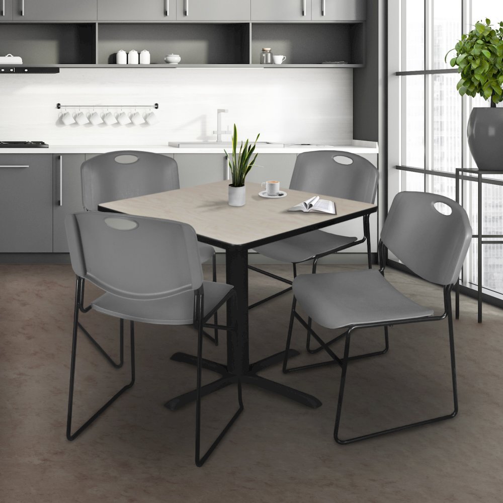 48 in. Square X-Base Breakroom Table- Maple & 4 Zeng Stack Chairs- Grey. Picture 9