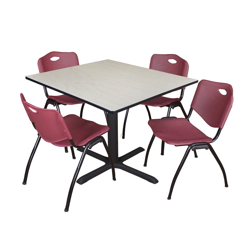 48 in. Square X-Base Breakroom Table- Maple & 4 M Stack Chairs- Burgundy. Picture 1
