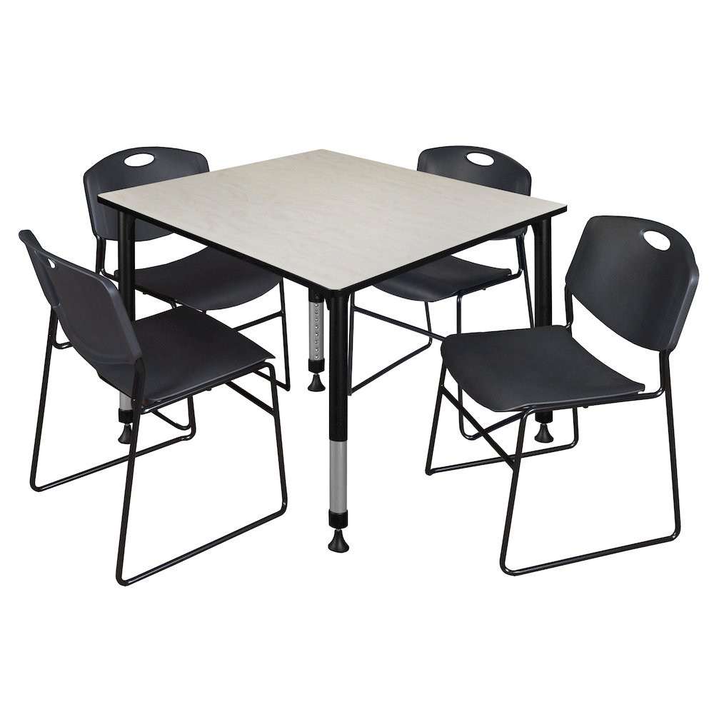 48 in. Square Adjustable Classroom Table- Maple & 4 Zeng Stack Chairs- Black. Picture 1