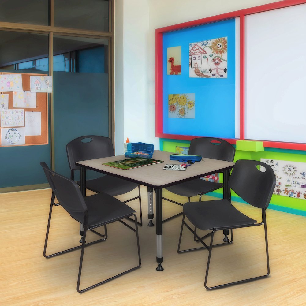 48 in. Square Adjustable Classroom Table- Maple & 4 Zeng Stack Chairs- Black. Picture 7