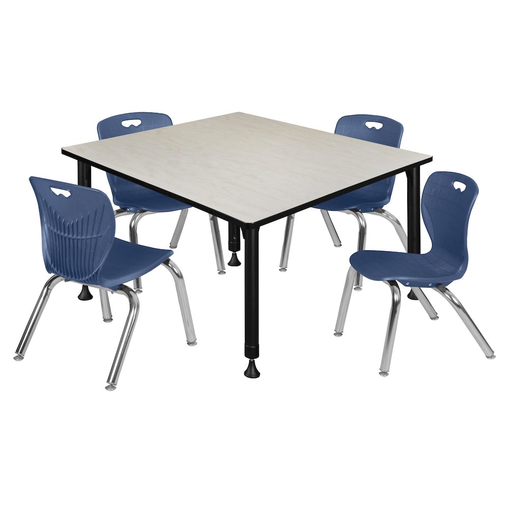 48 Square Adjustable Classroom Table- Maple & 4 Andy 12 Stack Chairs- Blue. Picture 1