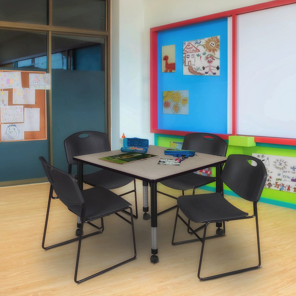 48 Square Mobile Adjustable Classroom Table- Maple & 4 Zeng Stack Chairs- Black. Picture 7