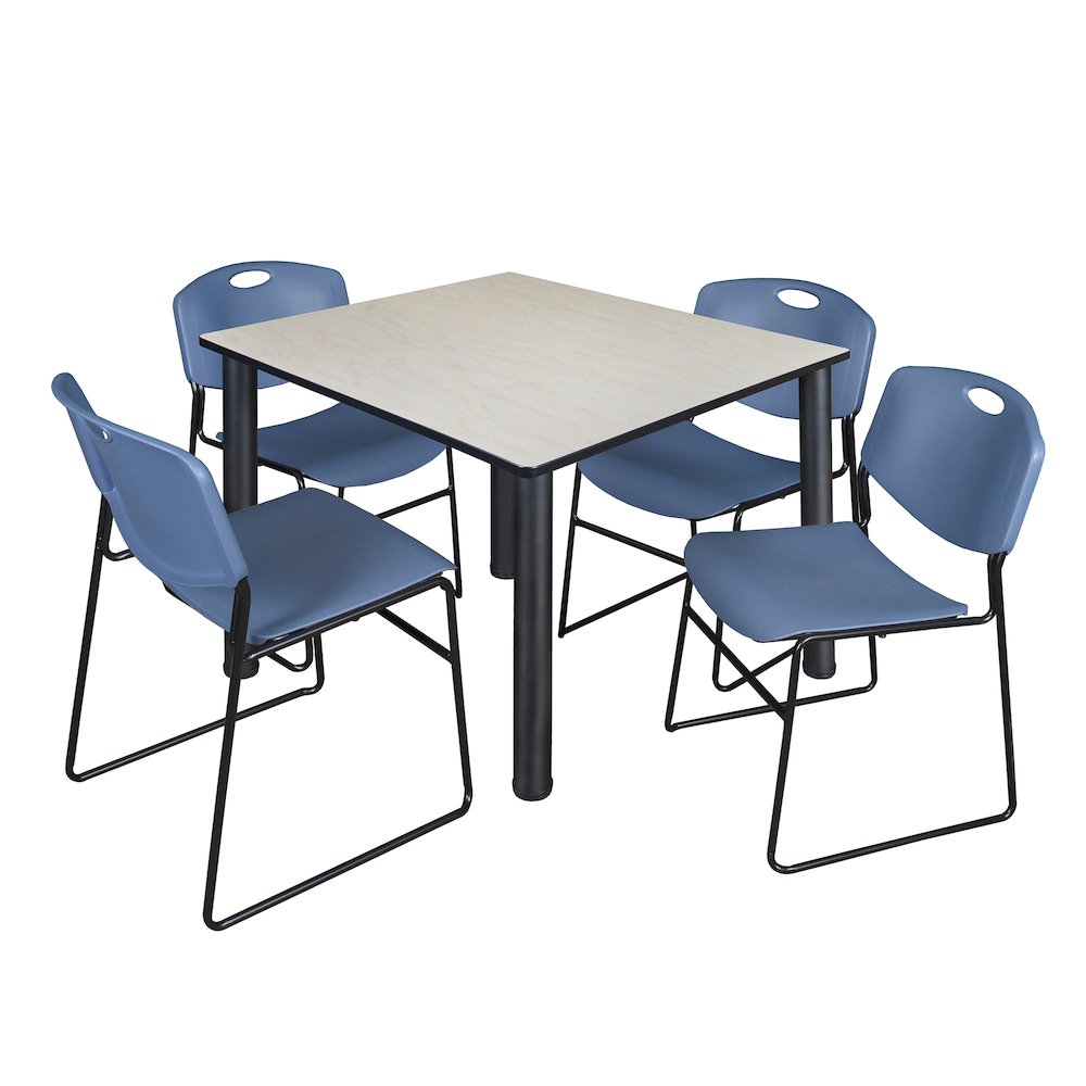 48 in Square Breakroom Table- Maple Top, Black Legs, 4 Zeng Stack Chairs- Blue. Picture 1