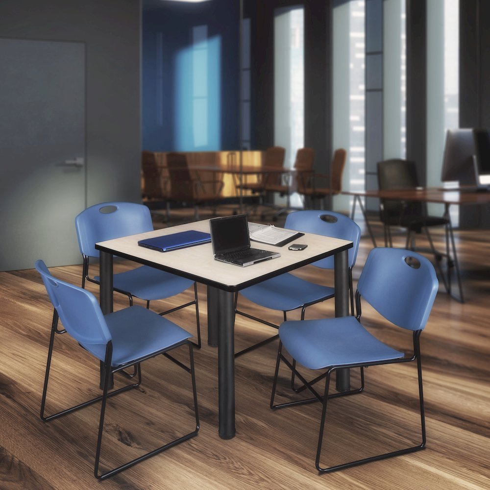 48 in Square Breakroom Table- Maple Top, Black Legs, 4 Zeng Stack Chairs- Blue. Picture 7