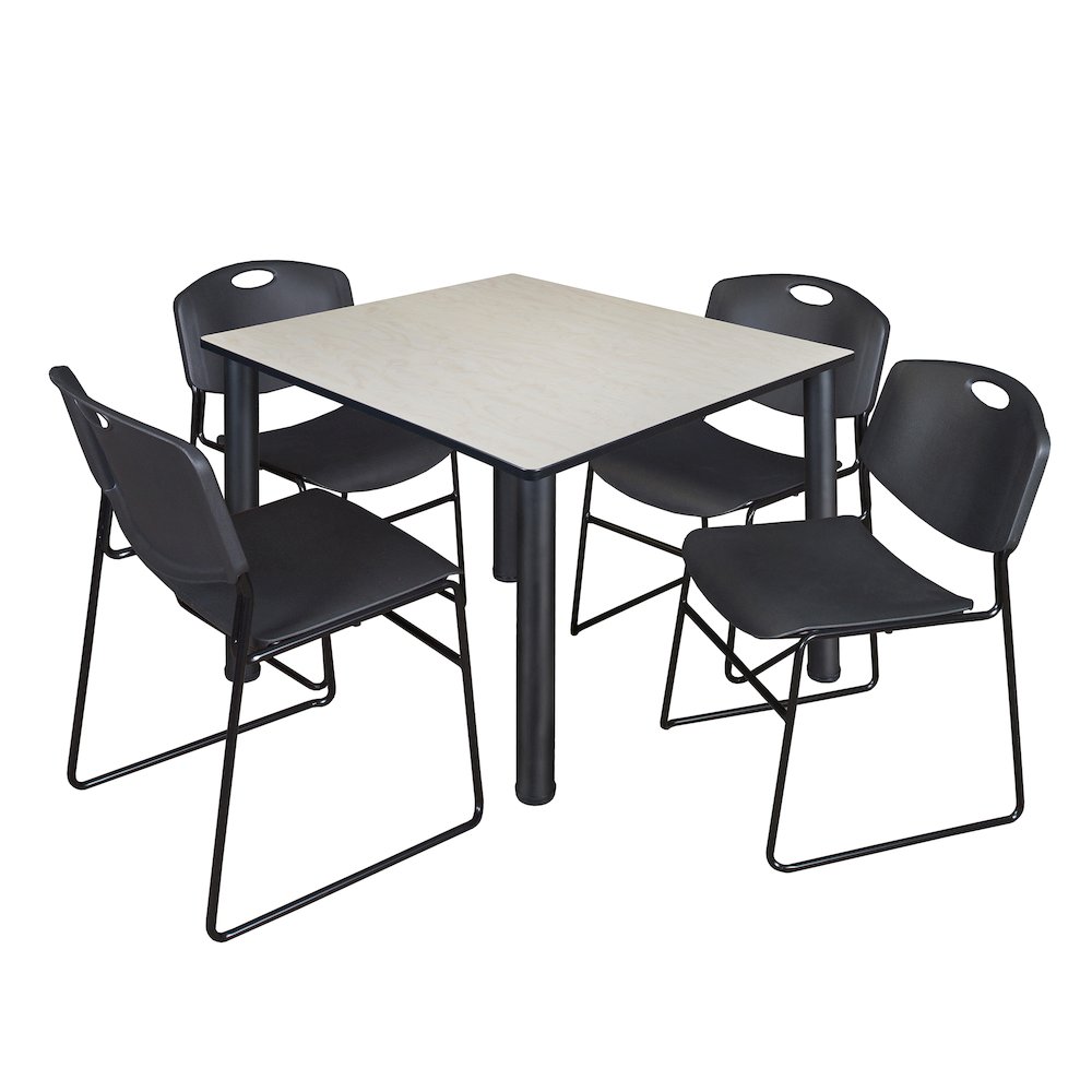 48 in Square Breakroom Table- Maple Top, Black Legs, 4 Zeng Stack Chairs- Black. Picture 1