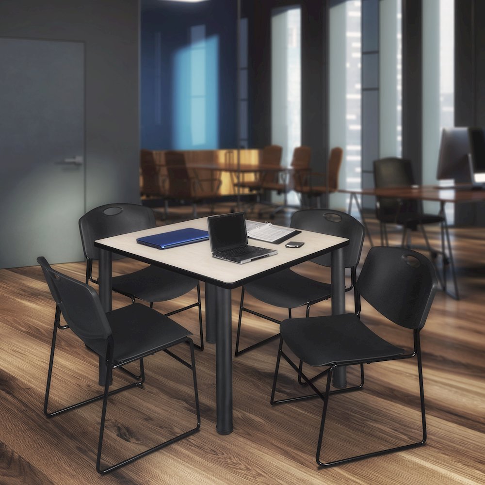 48 in Square Breakroom Table- Maple Top, Black Legs, 4 Zeng Stack Chairs- Black. Picture 7