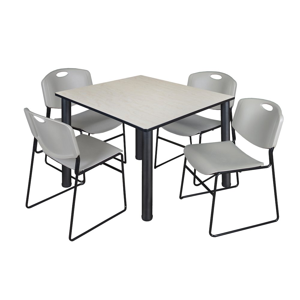 48 in Square Breakroom Table- Maple Top, Black Legs, 4 Zeng Stack Chairs- Grey. Picture 1