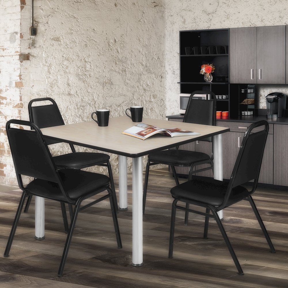 48 in Square Breakroom Table- Maple Top, Chrome Legs, 4 Restaurant Stack Chairs. Picture 7