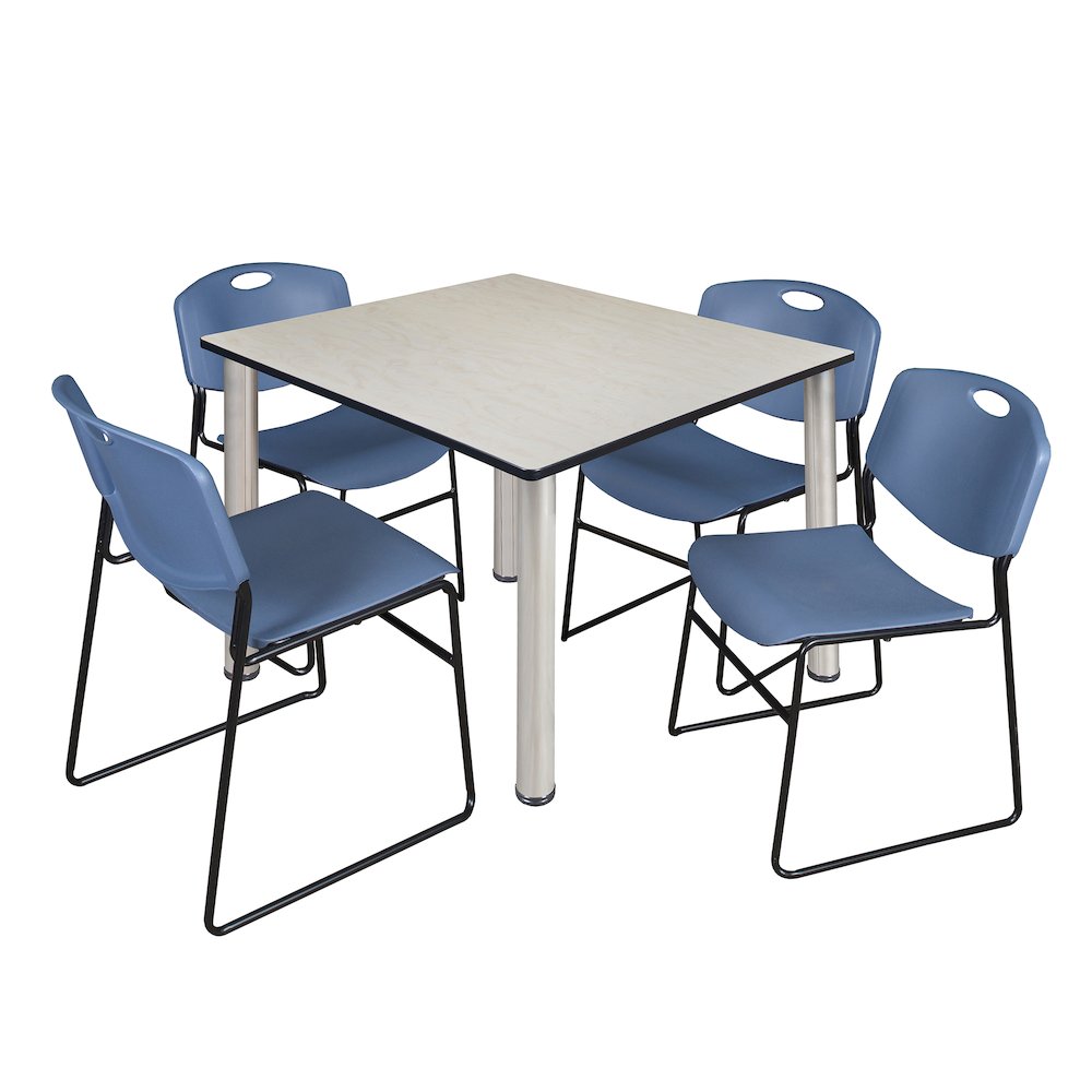 48 in Square Breakroom Table- Maple Top, Chrome Legs, 4 Zeng Stack Chairs- Blue. Picture 1