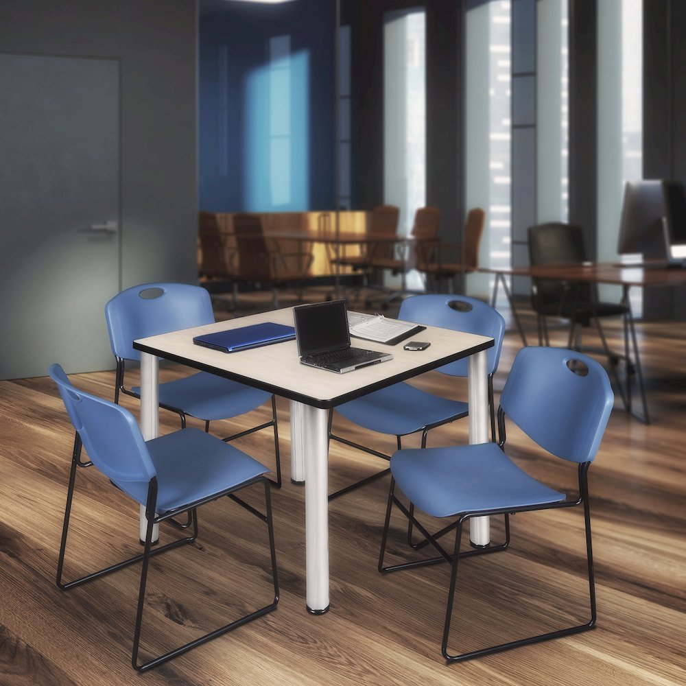 48 in Square Breakroom Table- Maple Top, Chrome Legs, 4 Zeng Stack Chairs- Blue. Picture 7