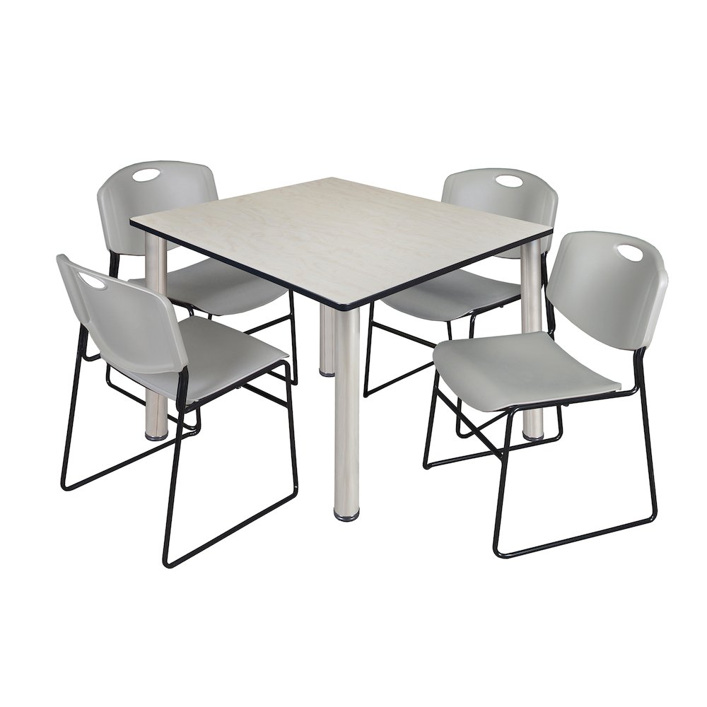 48 in Square Breakroom Table- Maple Top, Chrome Legs, 4 Zeng Stack Chairs- Grey. Picture 1