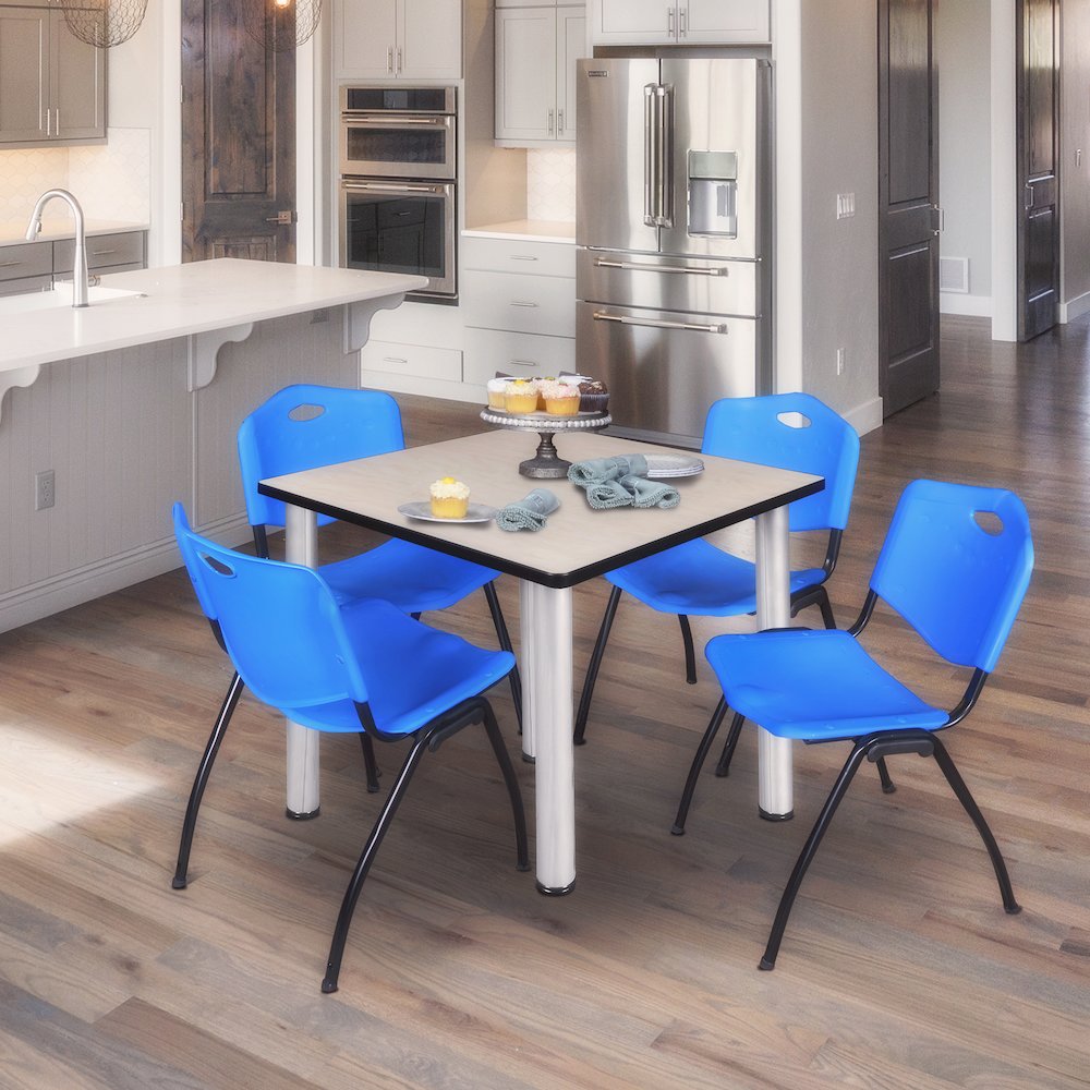 48 in Square Breakroom Table- Maple Top, Chrome Legs, 4 M Stack Chairs- Blue. Picture 7