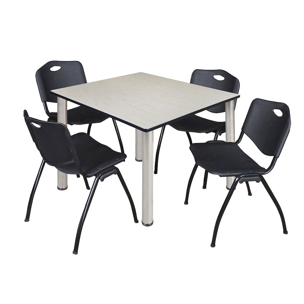 48 in Square Breakroom Table- Maple Top, Chrome Legs, 4 M Stack Chairs- Black. Picture 1