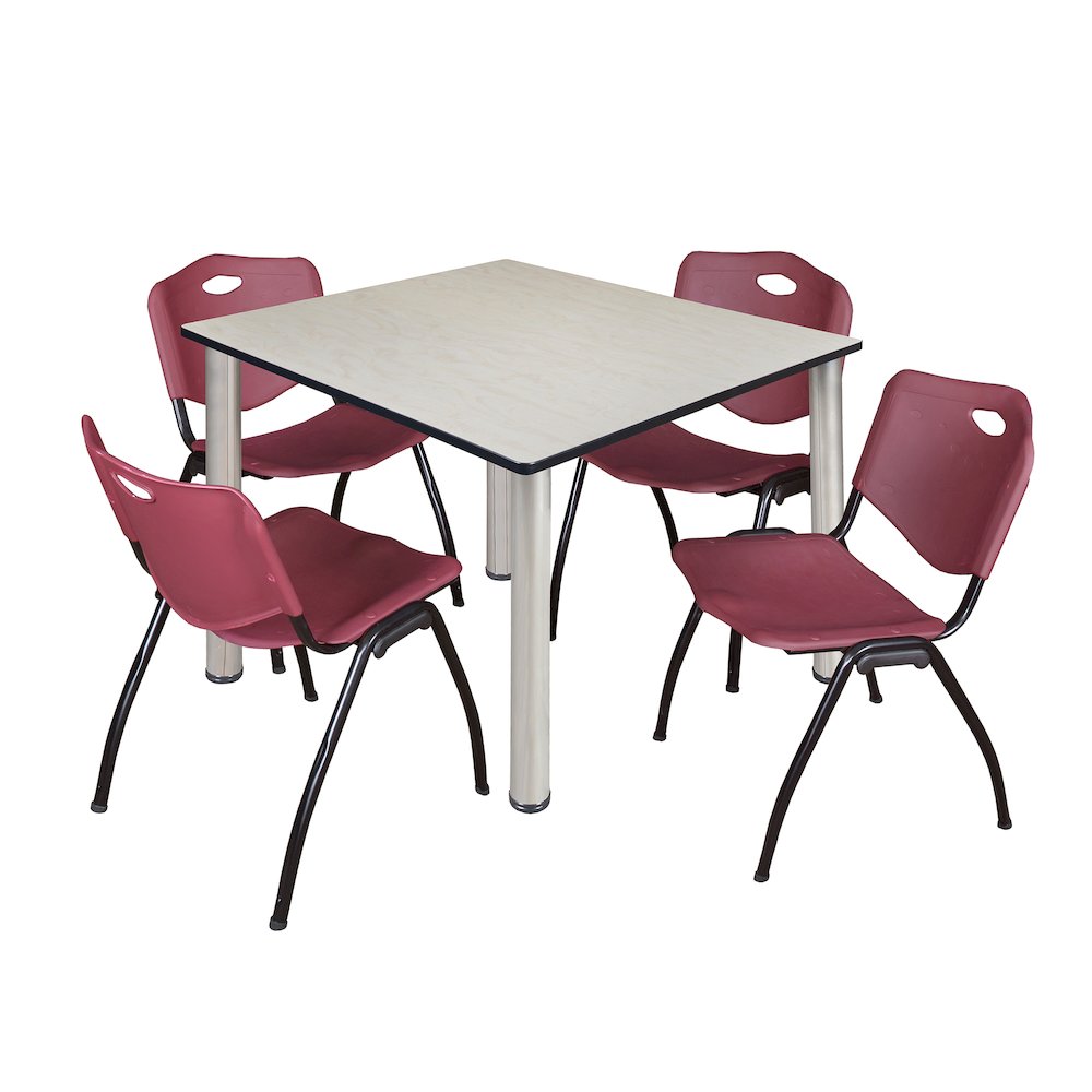 48 in Square Breakroom Table- Maple Top, Chrome Legs, 4 M Stack Chairs- Burgundy. Picture 1
