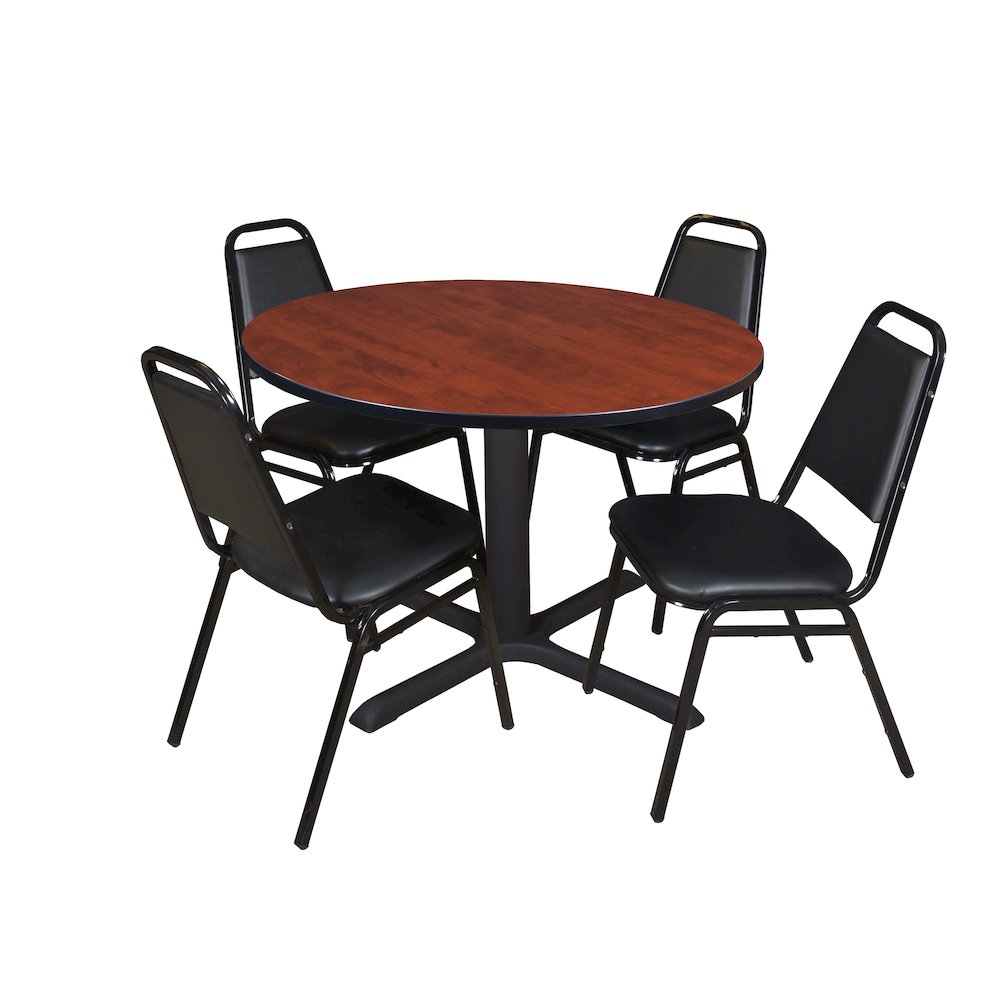 48 in. Round X-Base Breakroom Table- Cherry & 4 Restaurant Stack Chairs- Black. Picture 1