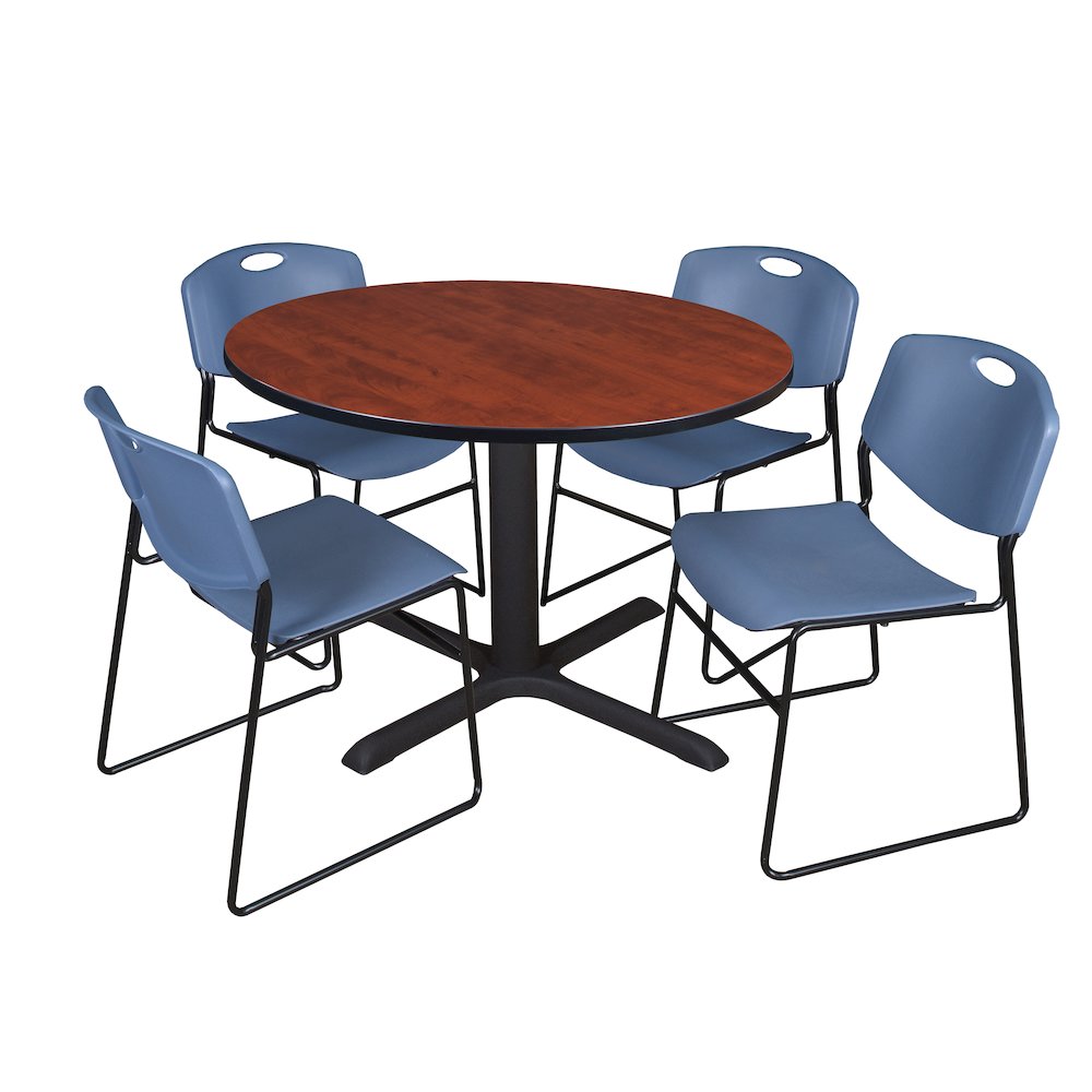 48 in. Round X-Base Breakroom Table- Cherry & 4 Zeng Stack Chairs- Blue. Picture 1