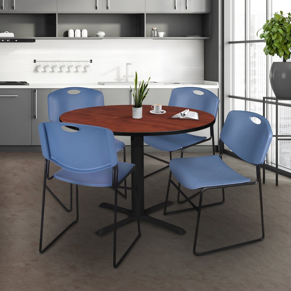48 in. Round X-Base Breakroom Table- Cherry & 4 Zeng Stack Chairs- Blue. Picture 8