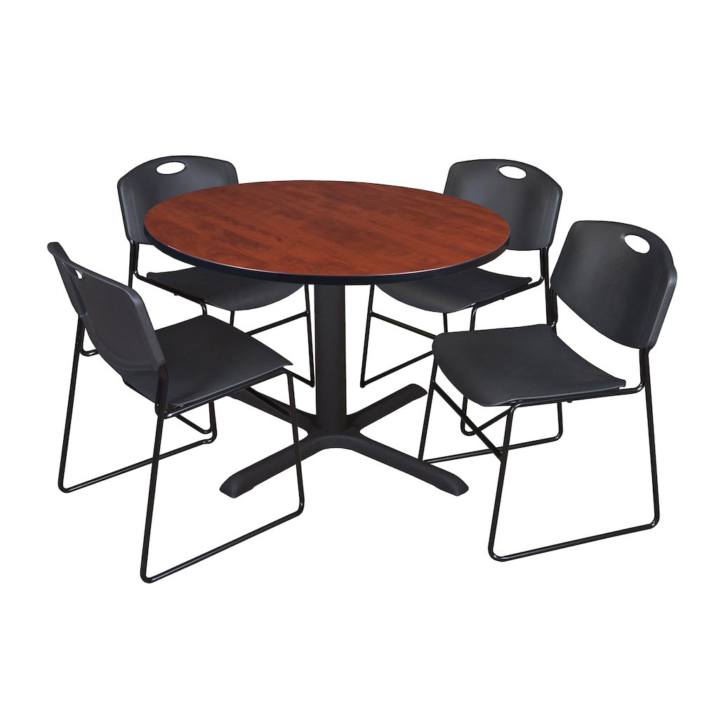 48 in. Round X-Base Breakroom Table- Cherry & 4 Zeng Stack Chairs- Black. Picture 1