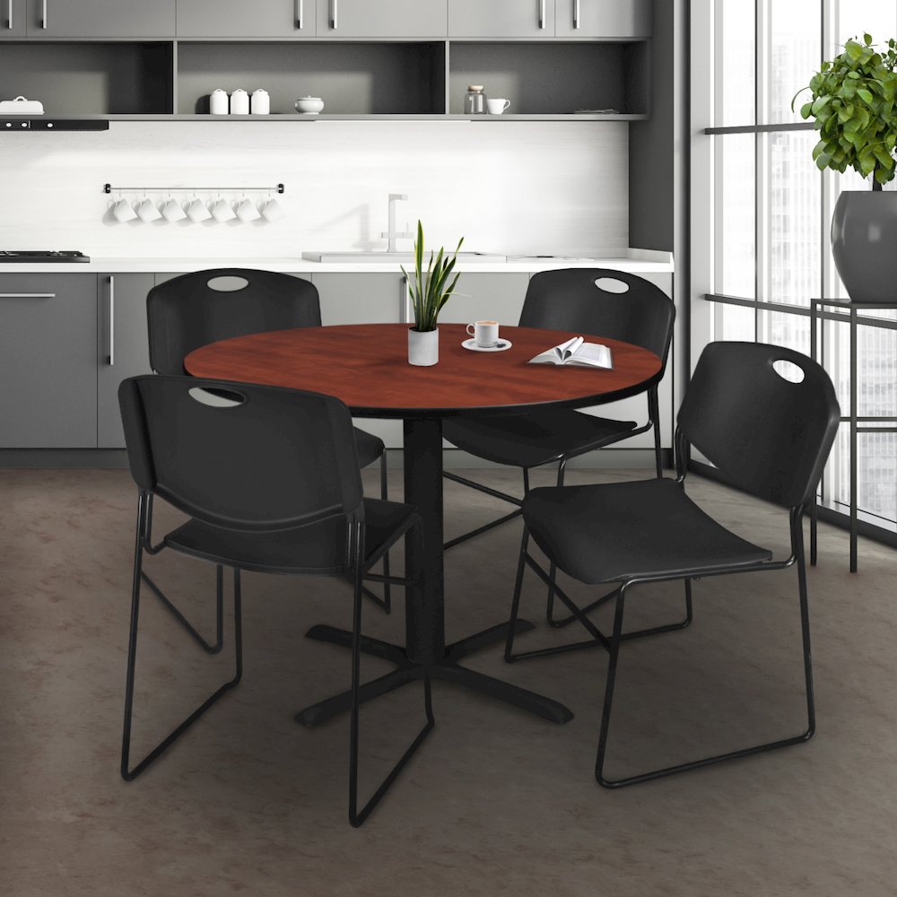 48 in. Round X-Base Breakroom Table- Cherry & 4 Zeng Stack Chairs- Black. Picture 8