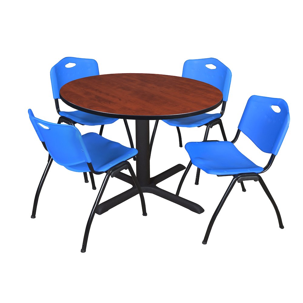 48 in. Round X-Base Breakroom Table- Cherry & 4 M Stack Chairs- Blue. Picture 1