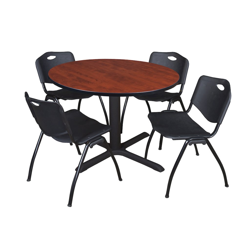 48 in. Round X-Base Breakroom Table- Cherry & 4 M Stack Chairs- Black. Picture 1