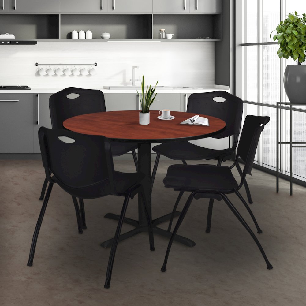 48 in. Round X-Base Breakroom Table- Cherry & 4 M Stack Chairs- Black. Picture 8