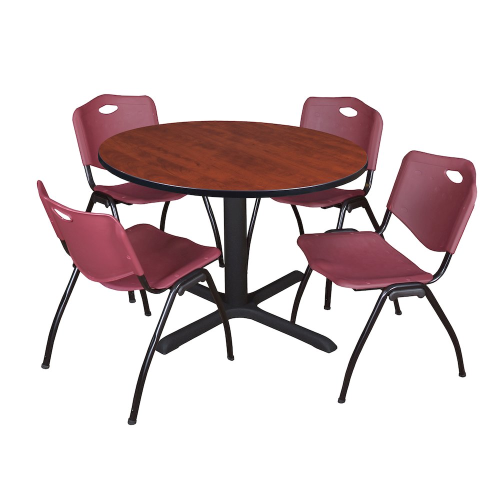 48 in. Round X-Base Breakroom Table- Cherry & 4 M Stack Chairs- Burgundy. Picture 1