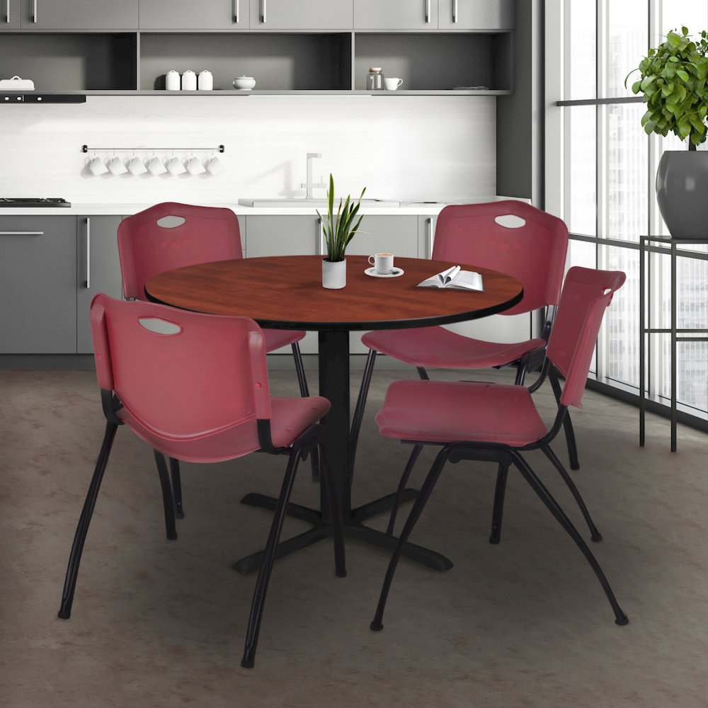 48 in. Round X-Base Breakroom Table- Cherry & 4 M Stack Chairs- Burgundy. Picture 8