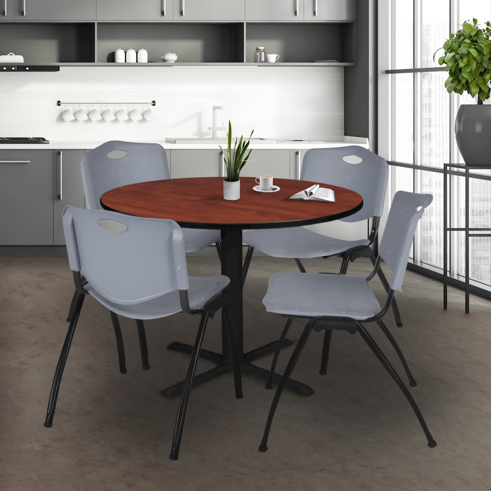 48 in. Round X-Base Breakroom Table- Cherry & 4 M Stack Chairs- Grey. Picture 8