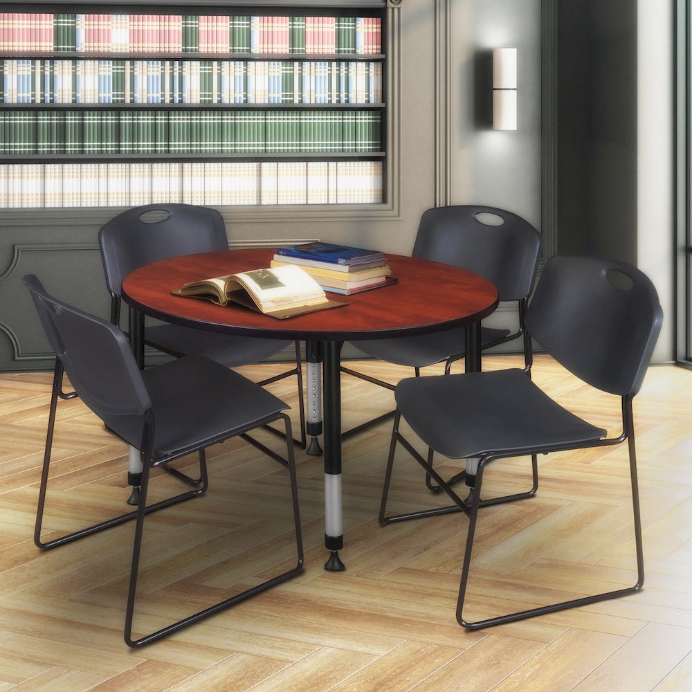 48 in. Round Adjustable Classroom Table- Cherry & 4 Zeng Stack Chairs- Black. Picture 6