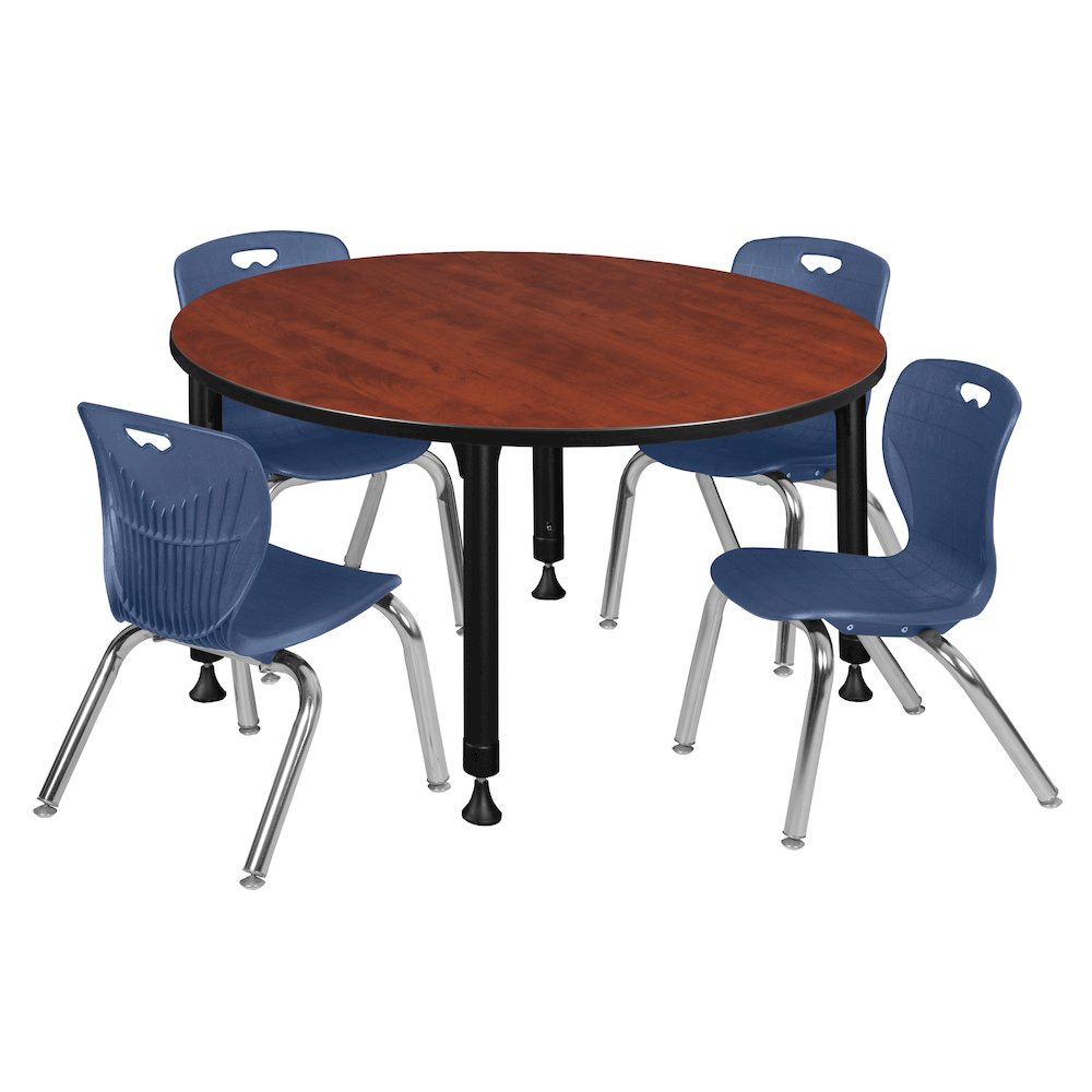 48 Round Adjustable Classroom Table- Cherry & 4 Andy 12 Stack Chairs- Blue. Picture 1