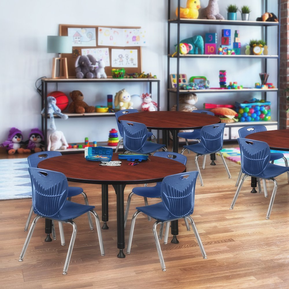 48 Round Adjustable Classroom Table- Cherry & 4 Andy 12 Stack Chairs- Blue. Picture 6