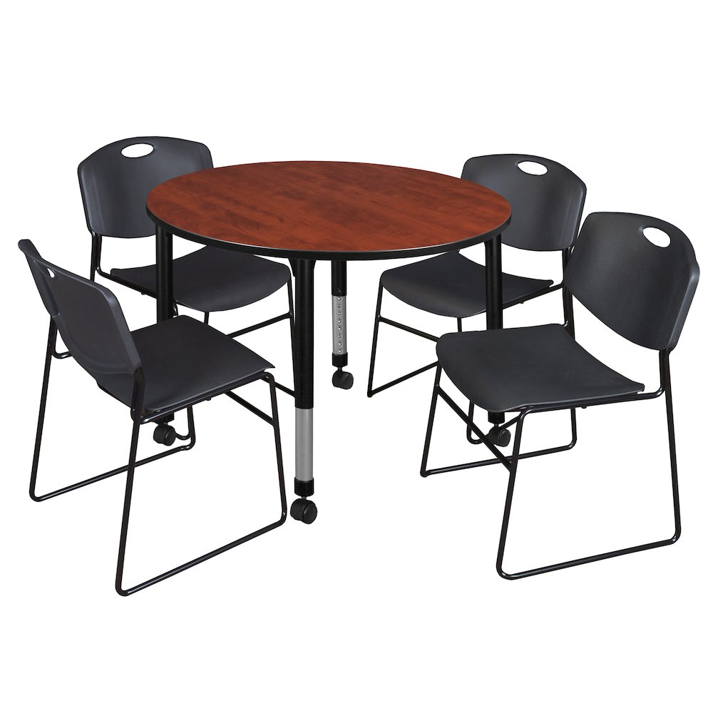48 Round Mobile Adjustable Classroom Table- Cherry & 4 Zeng Stack Chairs- Black. Picture 1