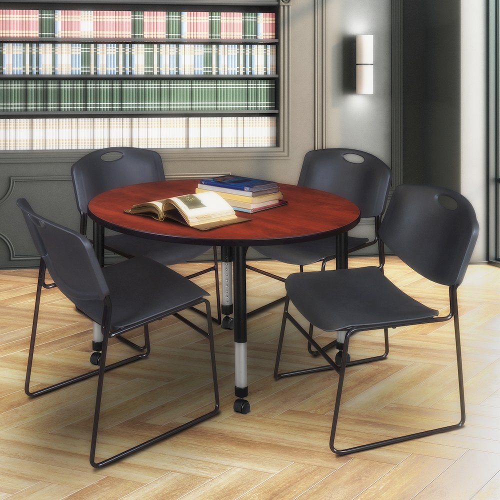 48 Round Mobile Adjustable Classroom Table- Cherry & 4 Zeng Stack Chairs- Black. Picture 6