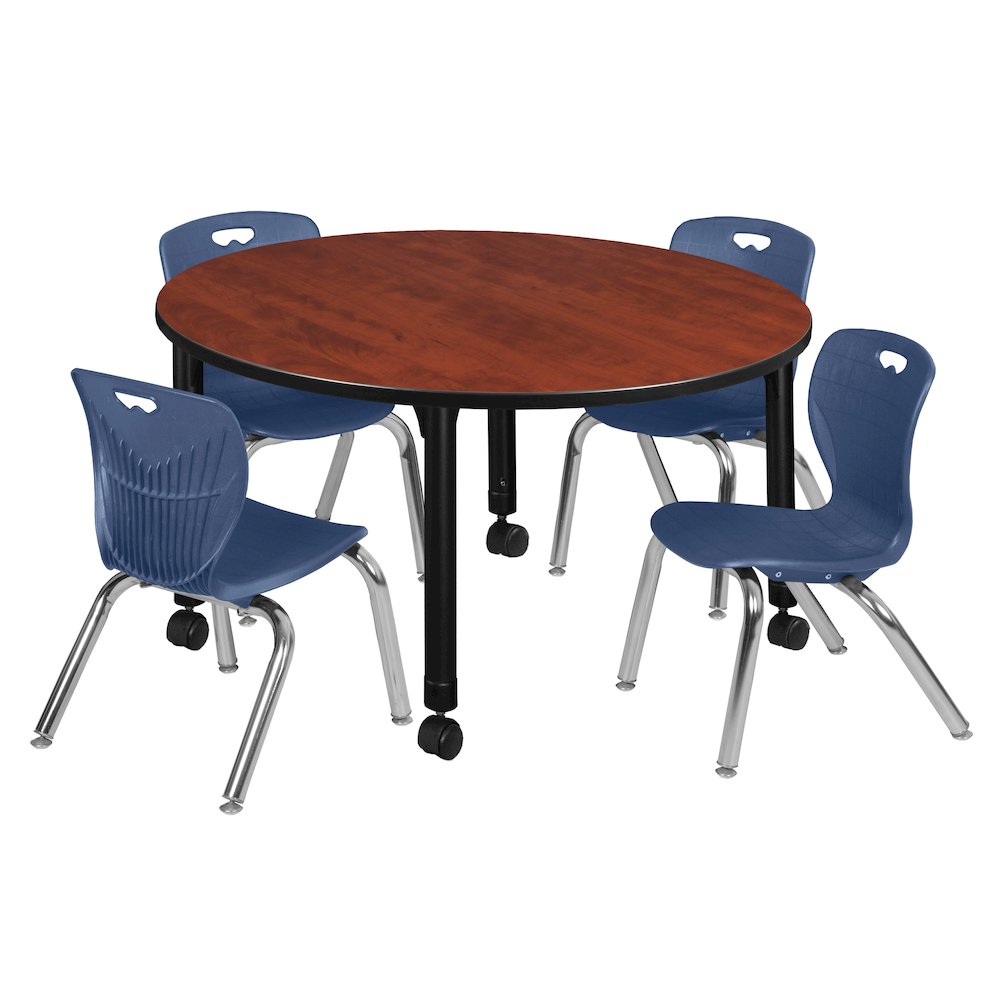 48 Round Adjustable Classroom Table- Cherry & 4 Andy 12 Stack Chairs- Blue. Picture 1