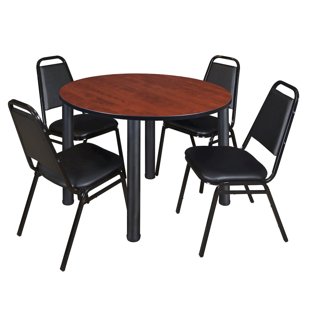 48 in Round Breakroom Table- Cherry Top, Black Legs, 4 Restaurant Stack Chairs. Picture 1