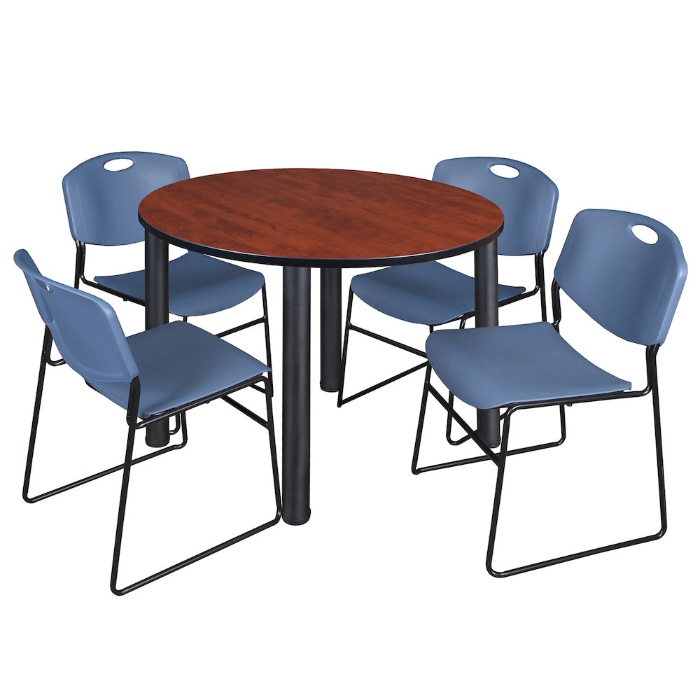 48 in Round Breakroom Table- Cherry Top, Black Legs, 4 Zeng Stack Chairs- Blue. Picture 1