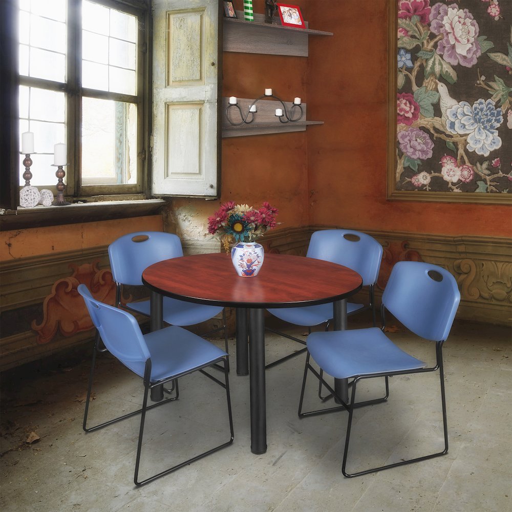 48 in Round Breakroom Table- Cherry Top, Black Legs, 4 Zeng Stack Chairs- Blue. Picture 6