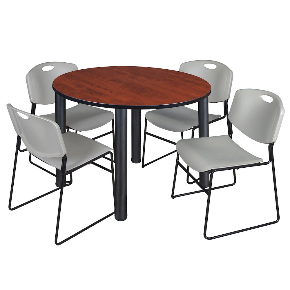 48 in Round Breakroom Table- Cherry Top, Black Legs, 4 Zeng Stack Chairs- Grey. Picture 1