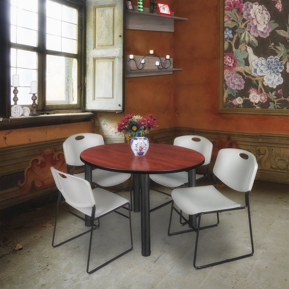 48 in Round Breakroom Table- Cherry Top, Black Legs, 4 Zeng Stack Chairs- Grey. Picture 6