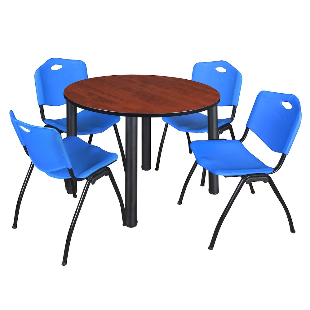 48 in Round Breakroom Table- Cherry Top, Black Legs, 4 M Stack Chairs- Blue. Picture 1