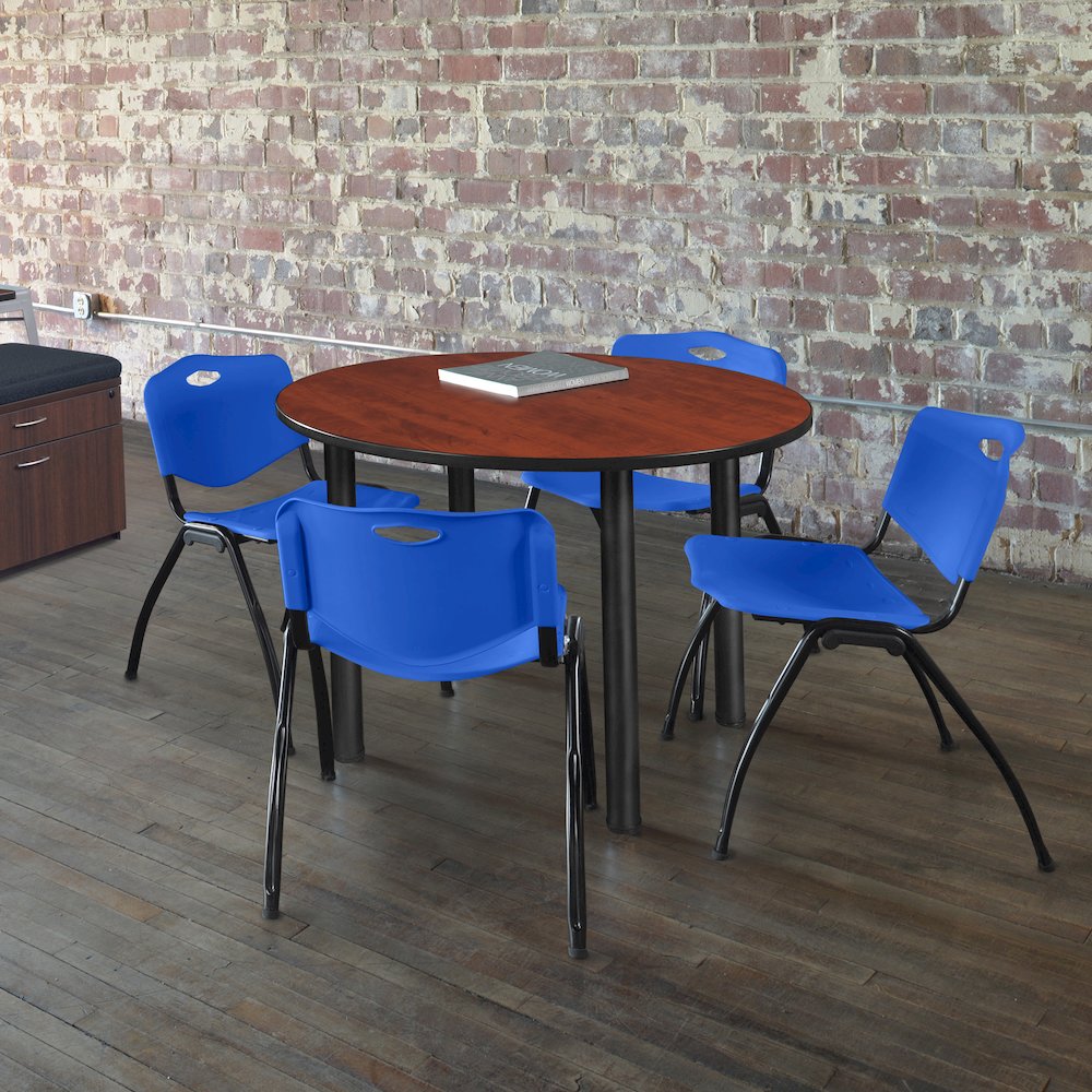 48 in Round Breakroom Table- Cherry Top, Black Legs, 4 M Stack Chairs- Blue. Picture 6