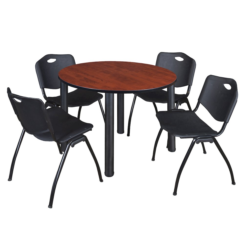 48 in Round Breakroom Table- Cherry Top, Black Legs, 4 M Stack Chairs- Black. Picture 1