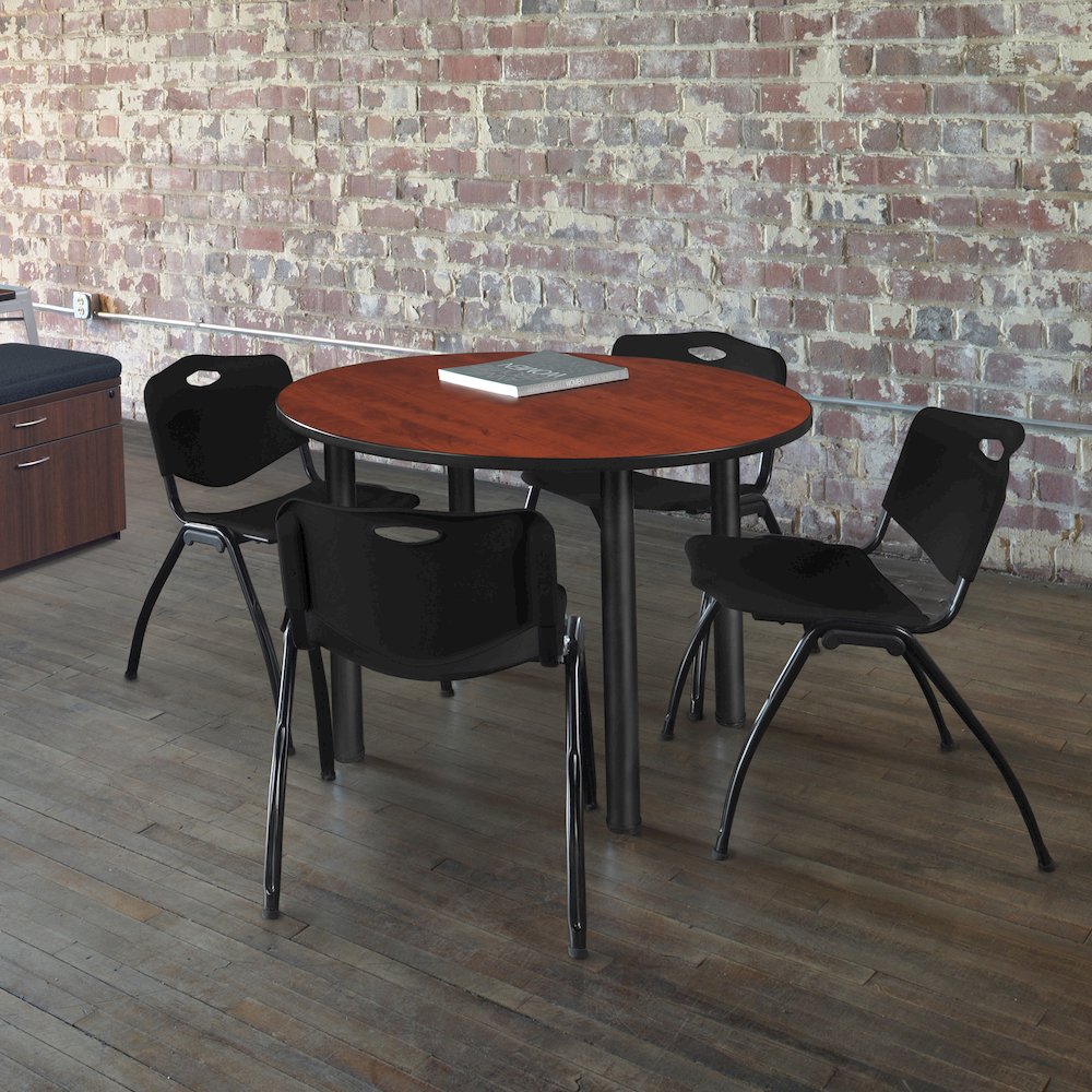 48 in Round Breakroom Table- Cherry Top, Black Legs, 4 M Stack Chairs- Black. Picture 6