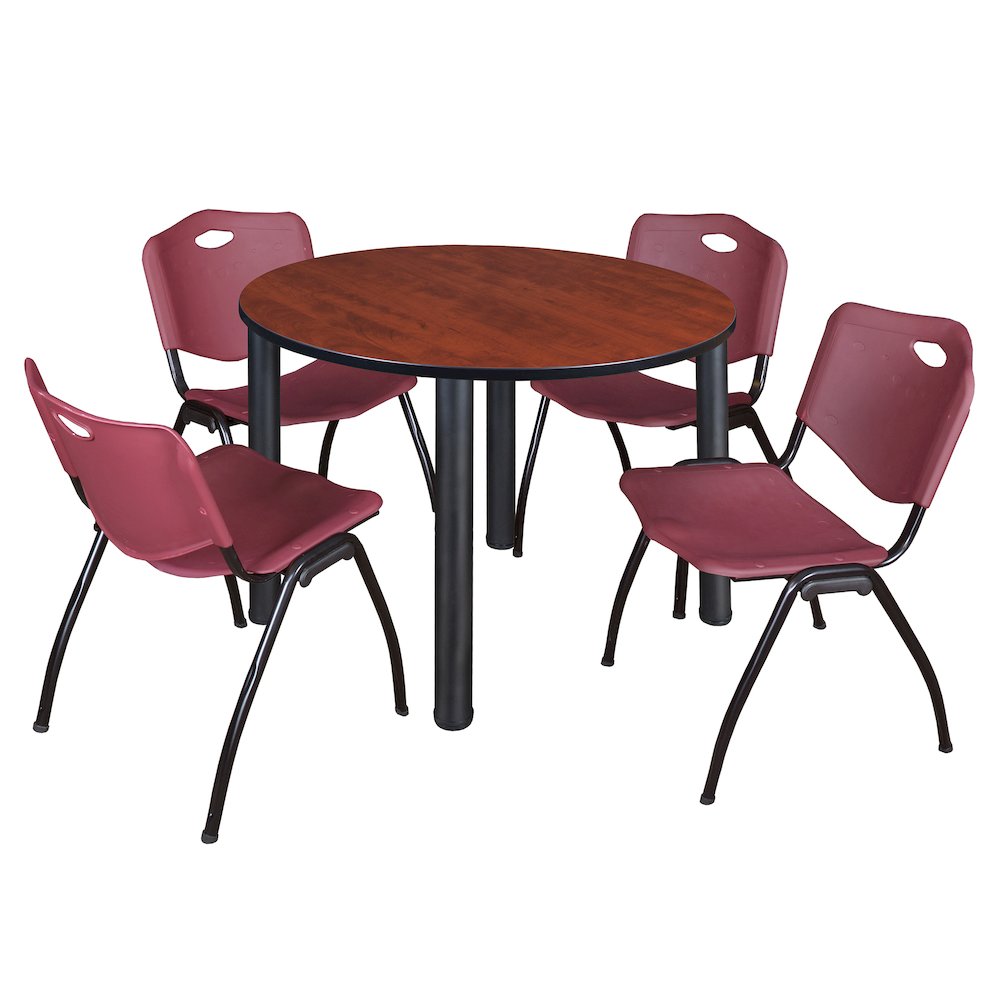 48 in Round Breakroom Table- Cherry Top, Black Legs, 4 M Stack Chairs- Burgundy. Picture 1